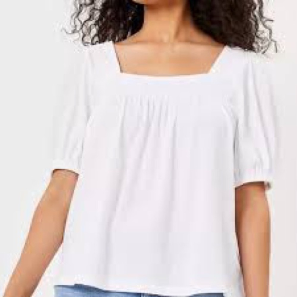 NWOT LOFT Smocked Square Neck Puff Sleeve Tee - Picture 3 of 6